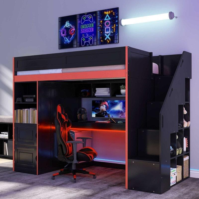 Siyah Kırmızı Masif ve MDF LED Işıklı Dolaplı Çalışma Masalı Oyuncu Ranza - 104x237x180 cm - 124203