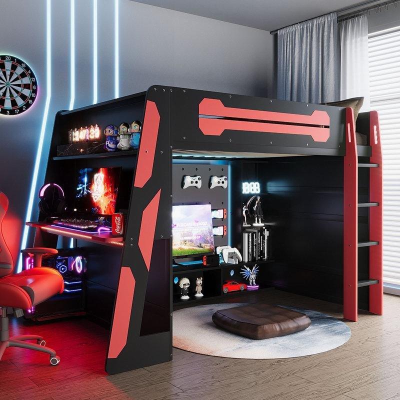 Siyah Kırmızı MDF Oyuncu Masalı ve Şarj İstasyonlu Gamer Ranza - 104x236x165 cm - 124401