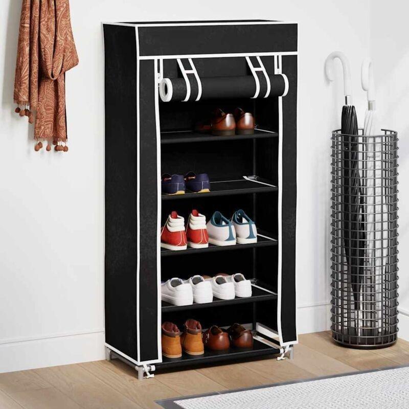 Siyah Kumaş Kapaklı 5 Raflı Portatif Ayakkabılık - 58x28x106 cm - 120241