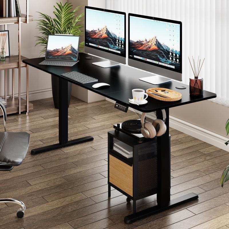 Siyah Masif Ahşap Ayarlanabilir Elektrikli Bilgisayar Masası-73x140x60 cm - 116460