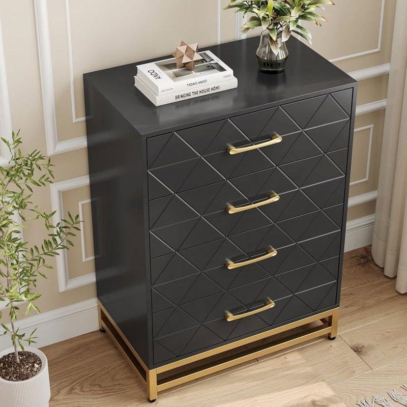Siyah Masif Ahşap Geometrik Desenli ve Gold Metal Ayaklı 4 Çekmeceli Şifonyer - 61x40x93 cm - 123699