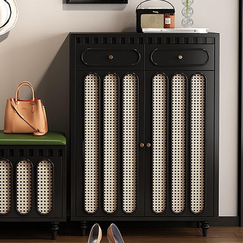 Siyah Masif Ahşap Rattan Kapaklı 2 Çekmeceli Hasır Ayakkabılık - 81x36x116 cm - 120940