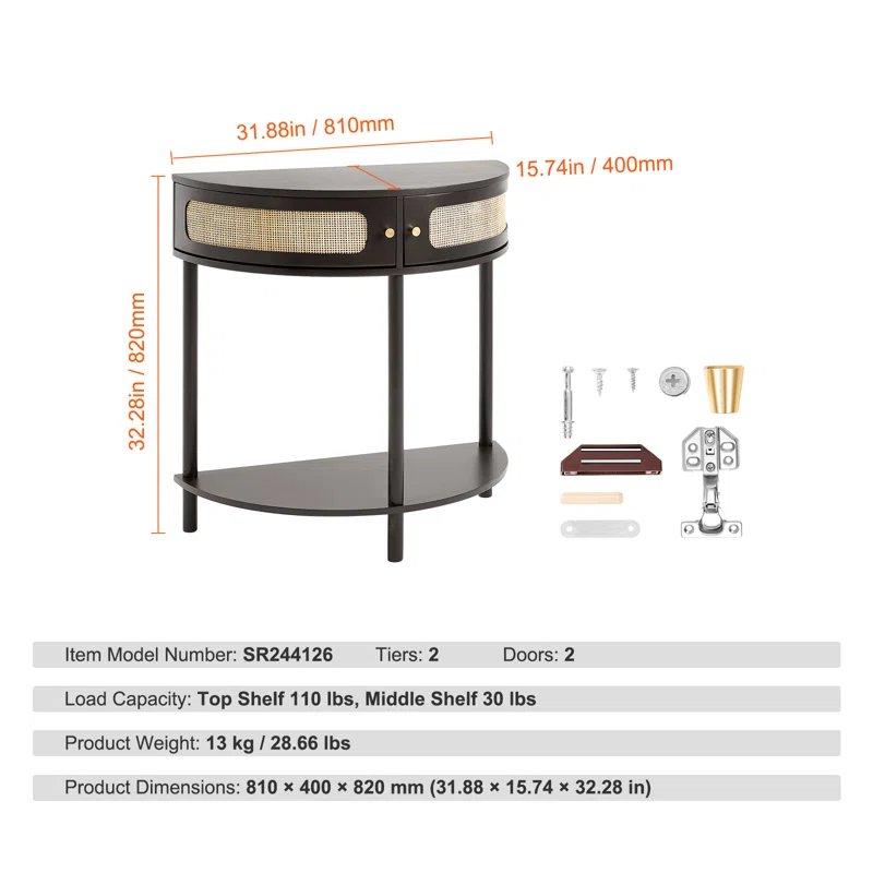 Siyah Masif Ahşap ve Rattan Çekmeceli Yarım Ay Bohem Dresuar - 81x40x82 cm - 131508
