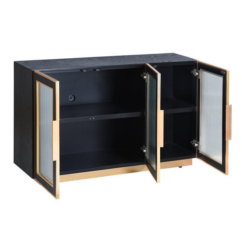 Siyah Masif Ahşap ve Yivli Cam Detaylı 3 Kapaklı Gold Konsol - 120x40x77 cm - 129013