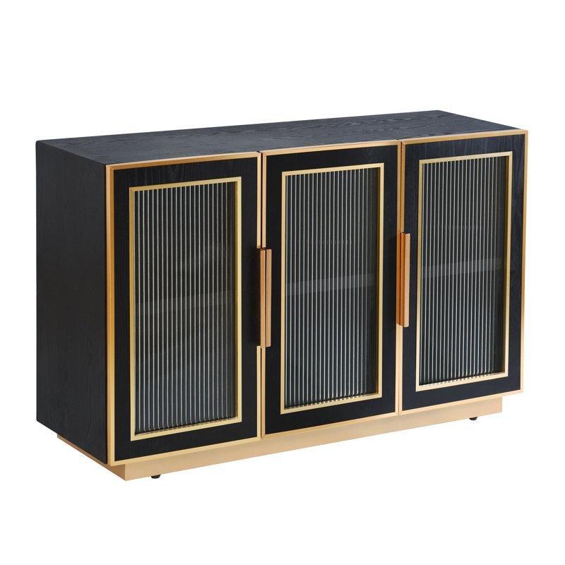 Siyah Masif Ahşap ve Yivli Cam Detaylı 3 Kapaklı Gold Konsol - 120x40x77 cm - 129013