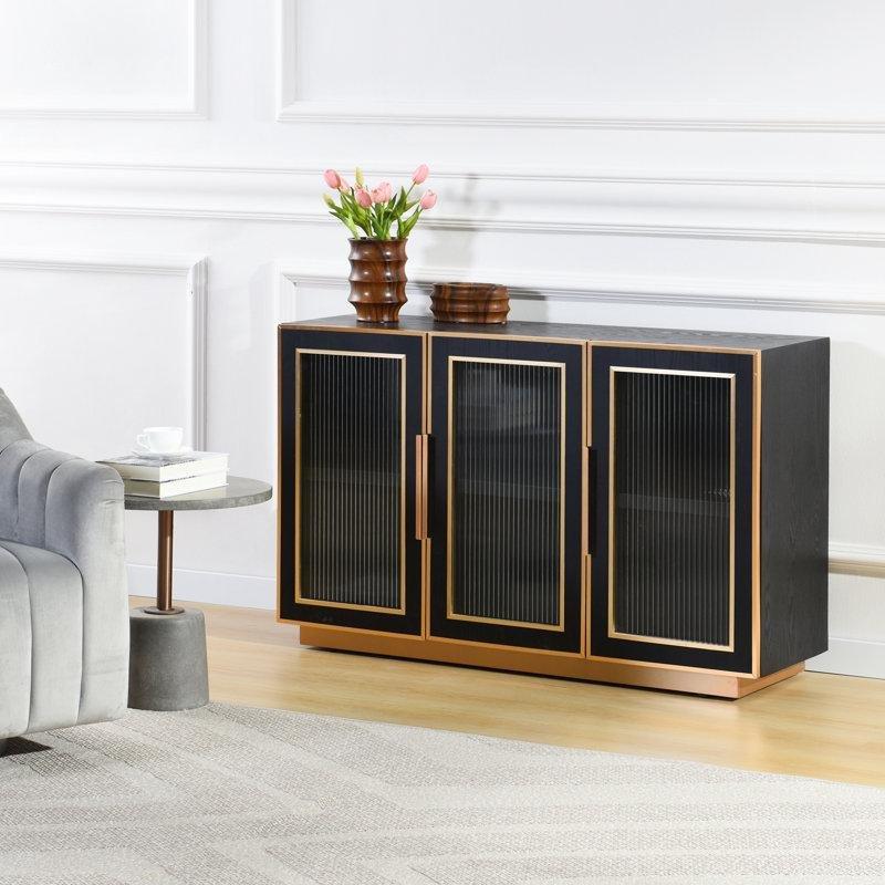Siyah Masif Ahşap ve Yivli Cam Detaylı 3 Kapaklı Gold Konsol - 120x40x77 cm - 129013