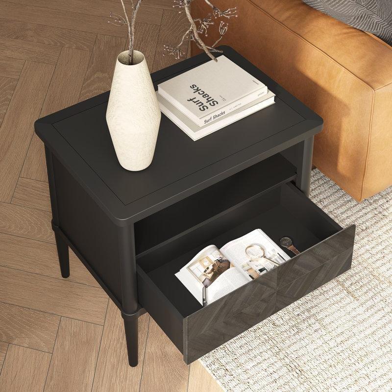 Siyah Masif Akasya Chevron Desenli Raflı Komodin - 66x46x58 cm - 127598
