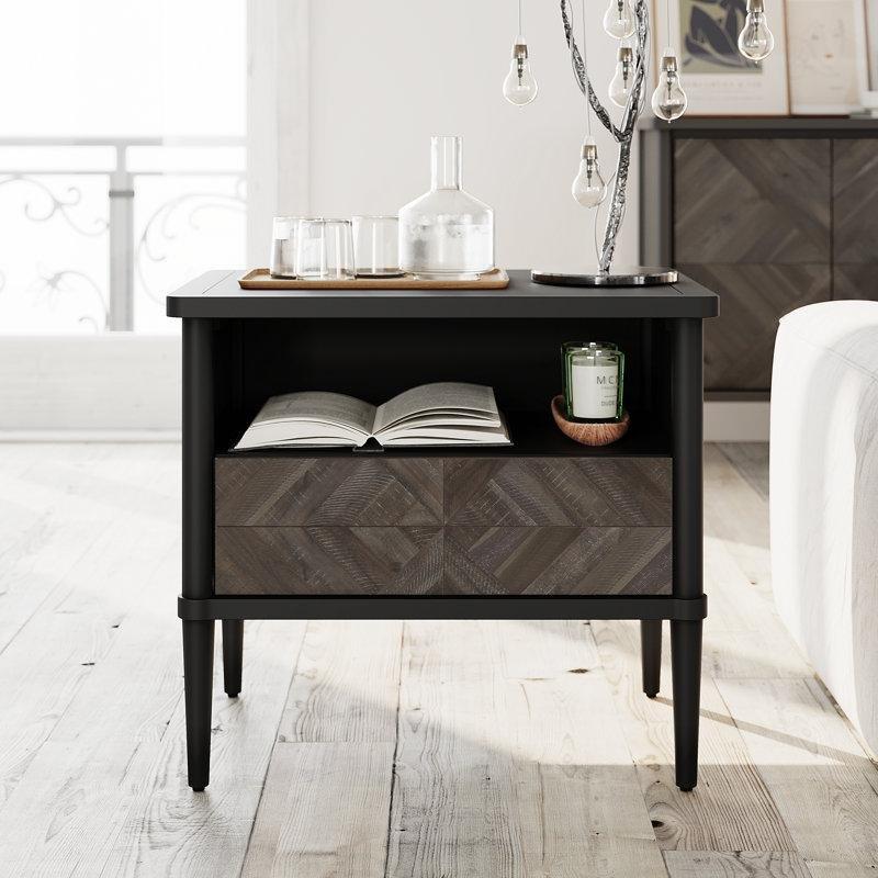 Siyah Masif Akasya Chevron Desenli Raflı Komodin - 66x46x58 cm - 127598
