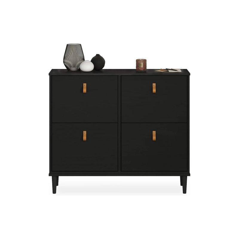 Siyah Masif Çam 4 Düşer Kapaklı Deri Kulplu Ayakkabılık - 107x25x92 cm - 118654