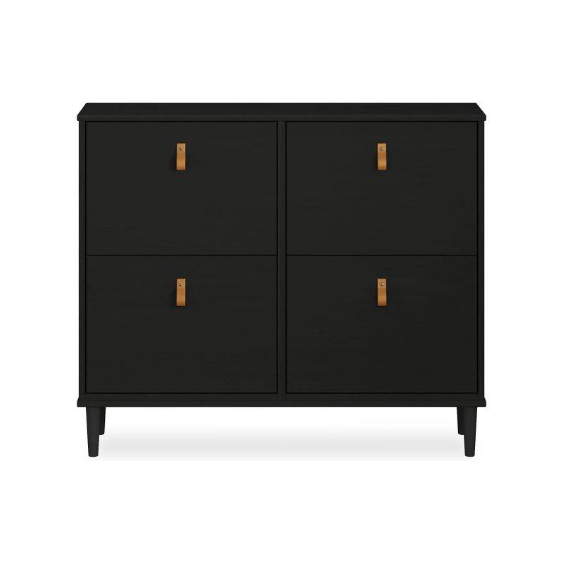 Siyah Masif Çam 4 Düşer Kapaklı Deri Kulplu Ayakkabılık - 107x25x92 cm - 118654