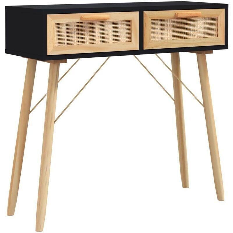 Siyah Masif Çam ve Doğal Rattan 2 Çekmeceli Dresuar - 80x30x75 cm - 133899