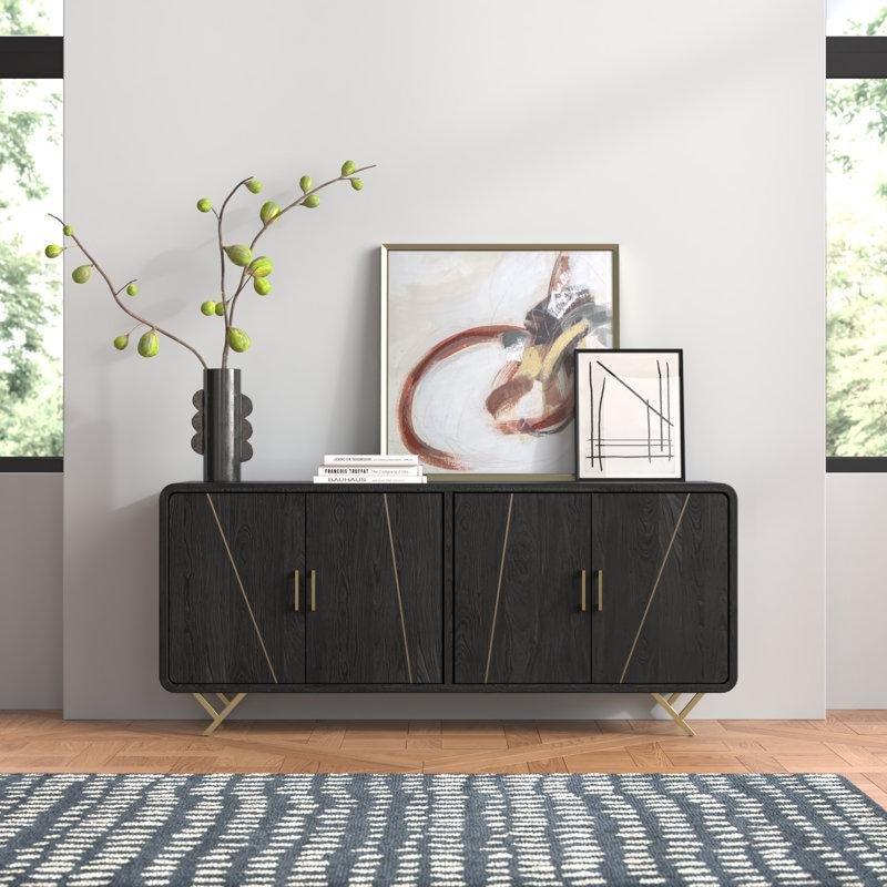 Siyah Masif Mango Ağacı 4 Kapaklı Kablo Çıkışlı Gold Konsol - 183x82 cm - 129025