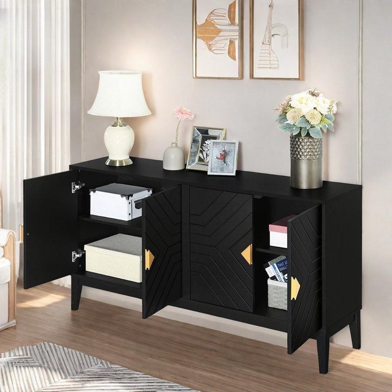 Siyah Masif ve Endüstriyel Ahşap 4 Kapaklı Çizgili Tasarım Gold Konsol - 153x40x84 cm - 129019