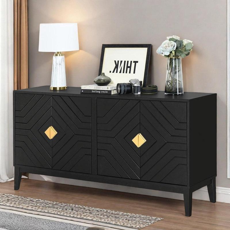 Siyah Masif ve Endüstriyel Ahşap 4 Kapaklı Çizgili Tasarım Gold Konsol - 153x40x84 cm - 129019