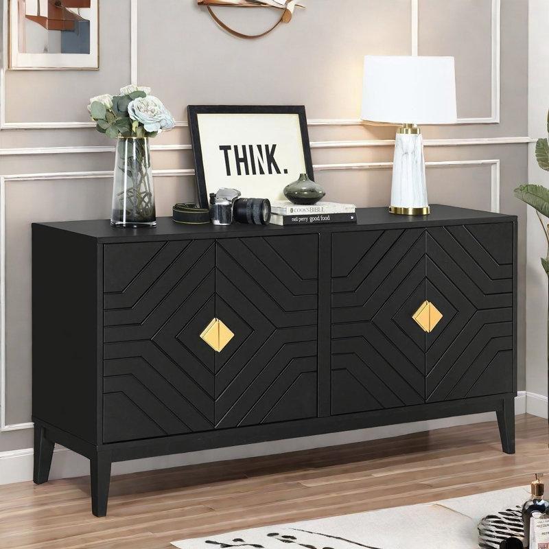 Siyah Masif ve Endüstriyel Ahşap 4 Kapaklı Çizgili Tasarım Gold Konsol - 153x40x84 cm - 129019