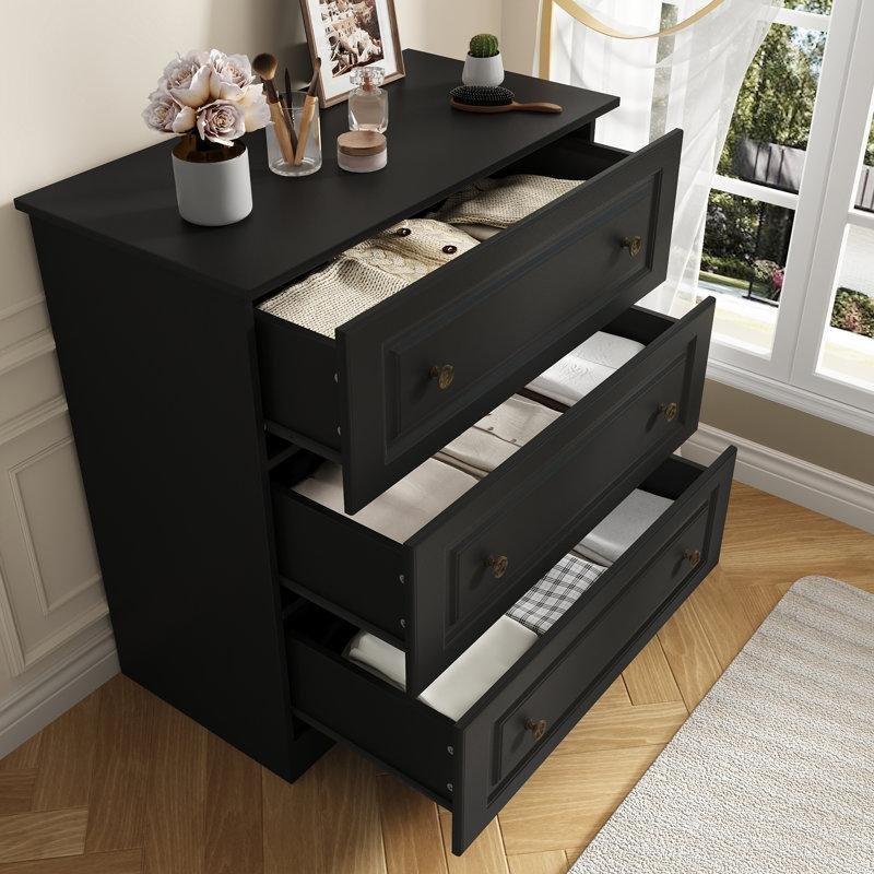 Siyah Masif ve Endüstriyel Ahşap Yivli Panel Detaylı 3 Çekmeceli Şifonyer - 75x42x86 cm - 122722