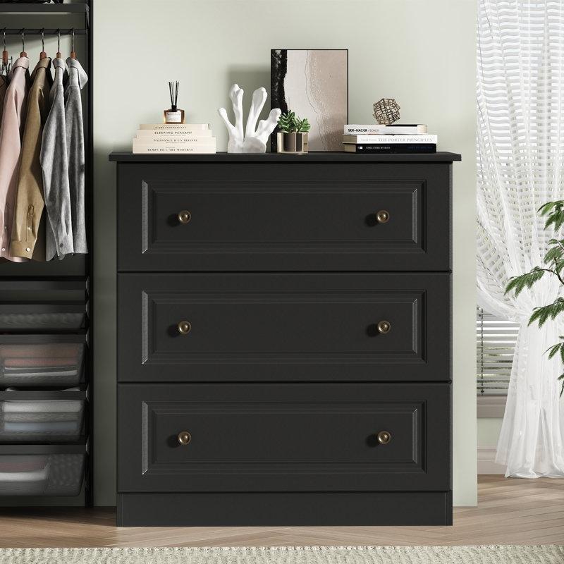 Siyah Masif ve Endüstriyel Ahşap Yivli Panel Detaylı 3 Çekmeceli Şifonyer - 75x42x86 cm - 122722