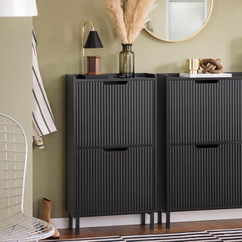 Siyah MDF 2 Düşer Kapaklı Fitilli Dar Ayakkabılık - 50x19x90 cm - 120336