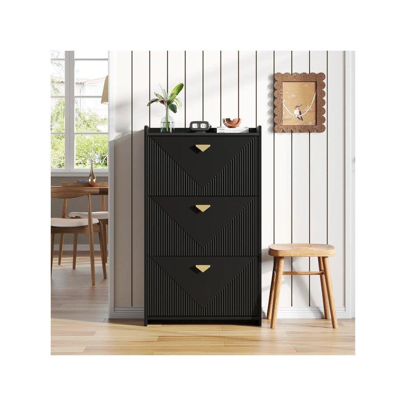Siyah MDF 3 Düşer Kapaklı Gold Detaylı Ayakkabılık - 70 x 30 x 120 cm - 118573