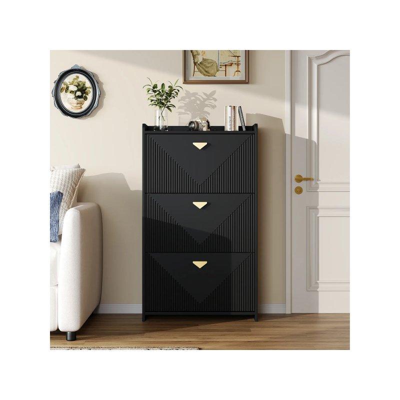 Siyah MDF 3 Düşer Kapaklı Gold Detaylı Ayakkabılık - 70 x 30 x 120 cm - 118573