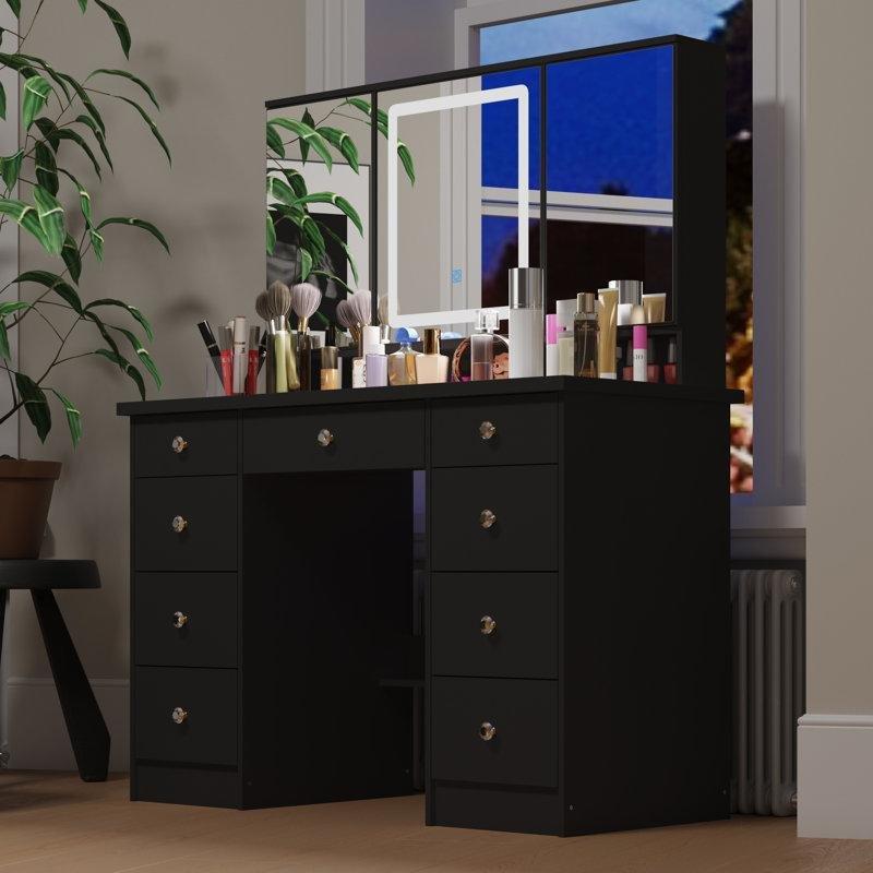 Siyah MDF 9 Çekmeceli Işıklı ve Üç Aynalı Makyaj Masası - 110x51x137 cm - 121828