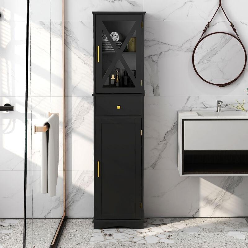 Siyah MDF Ayarlanabilir Raflı Banyo Dolabı-40x30x168 cm - 113545