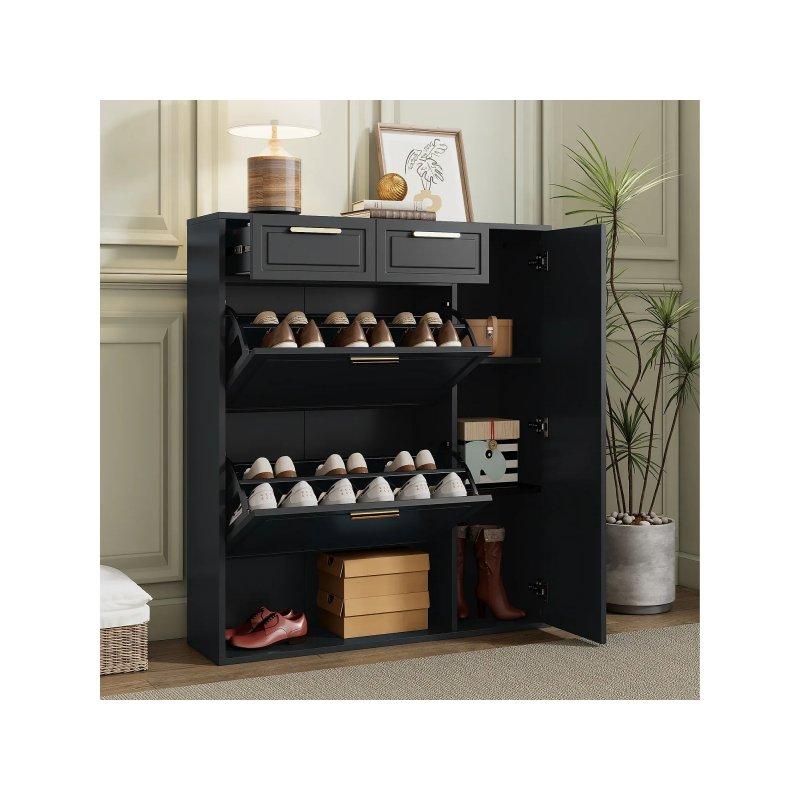 Siyah MDF Çekmeceli ve Düşer Kapaklı Ayakkabılık - 95x24x108 cm - 118393