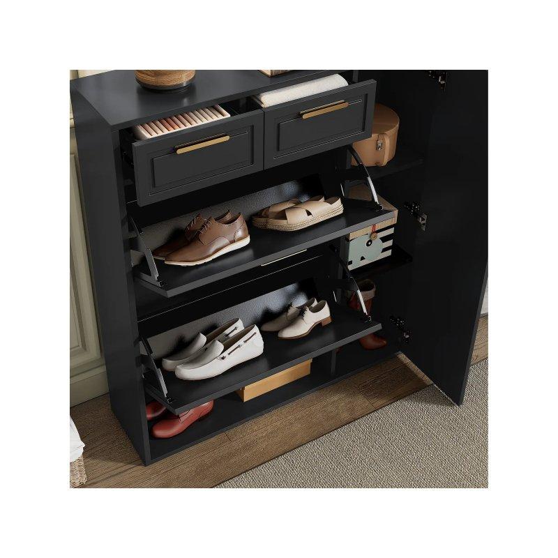 Siyah MDF Çekmeceli ve Düşer Kapaklı Ayakkabılık - 95x24x108 cm - 118393