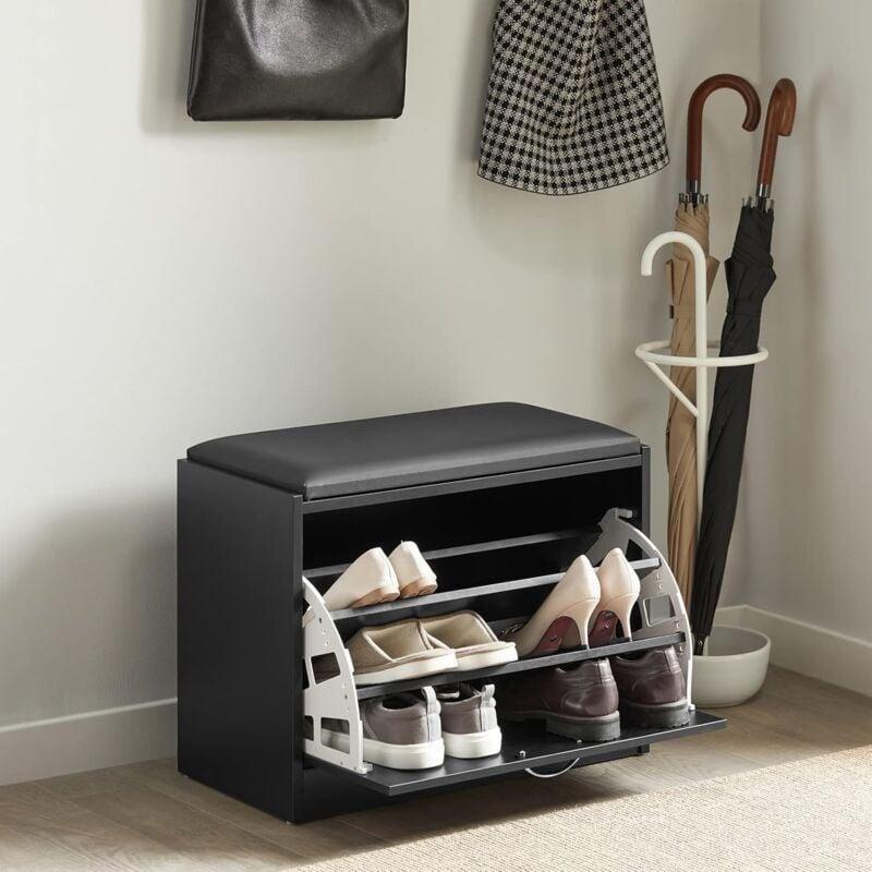 Siyah MDF Deri Minderli Düşer Kapaklı Ahşap Ayakkabılık - 60x30x48 cm - 118836