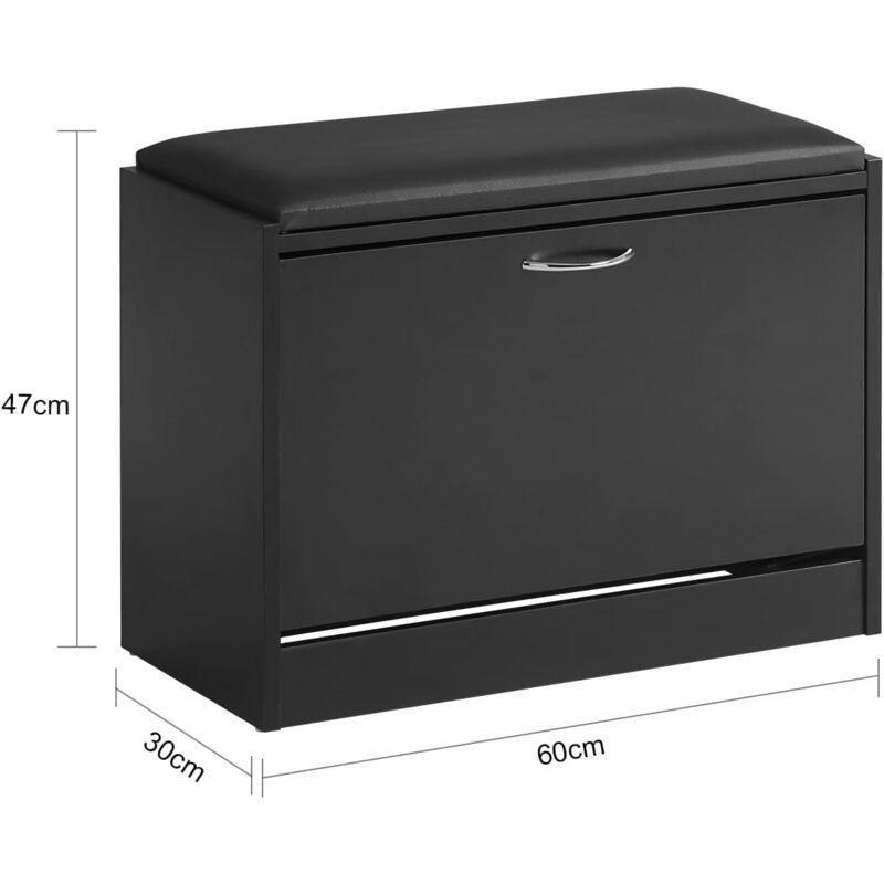Siyah MDF Deri Minderli Düşer Kapaklı Ahşap Ayakkabılık - 60x30x48 cm - 118836