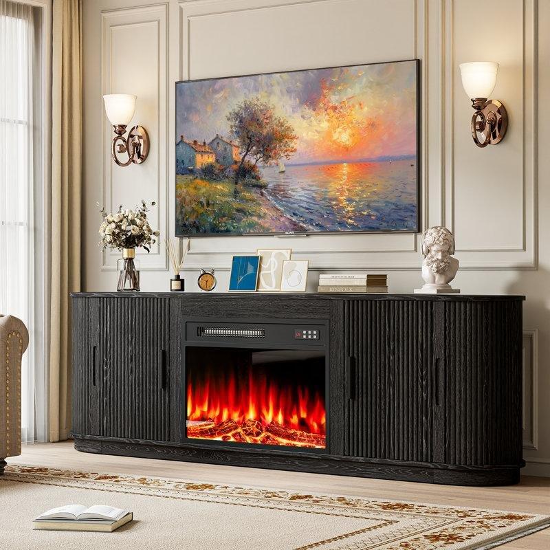 Siyah MDF Elektrikli Şömineli Kavisli Tasarım Konsol - 178 cm - 129193