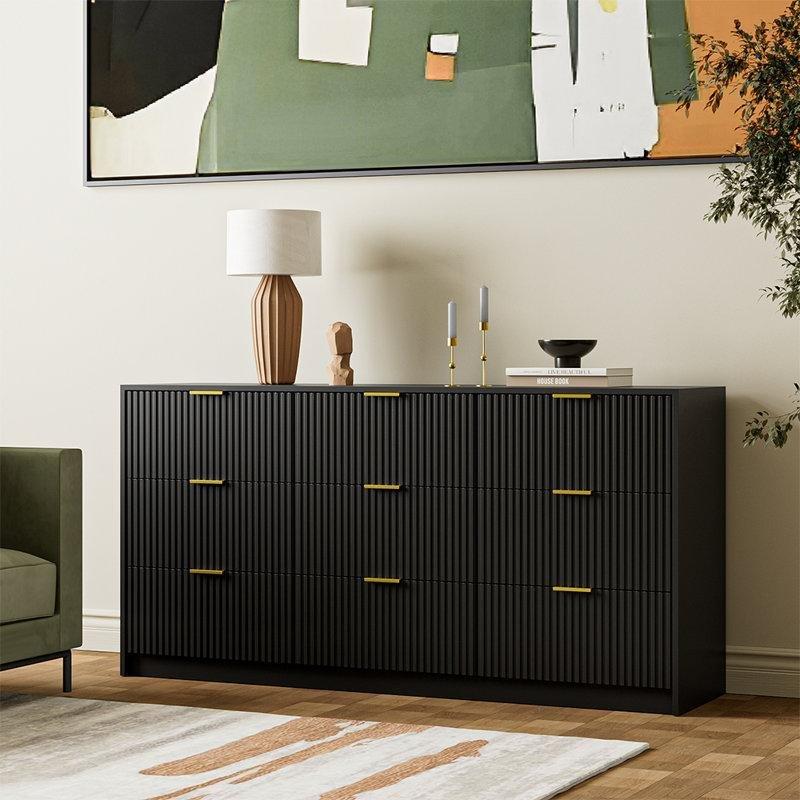 Siyah MDF Gold Kulplu Yivli Tasarım 9 Çekmeceli Şifonyer - 160x40x80 cm - 123106