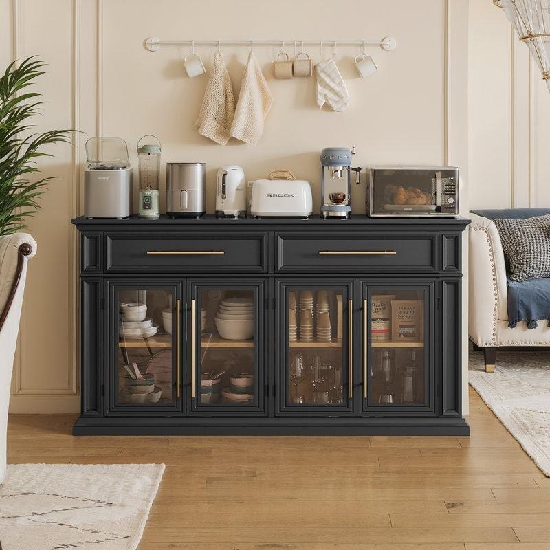 Siyah MDF İki Çekmeceli Dört Kapaklı Ayarlanabilir Raflı Konsol - 161x39x82 cm - 128587