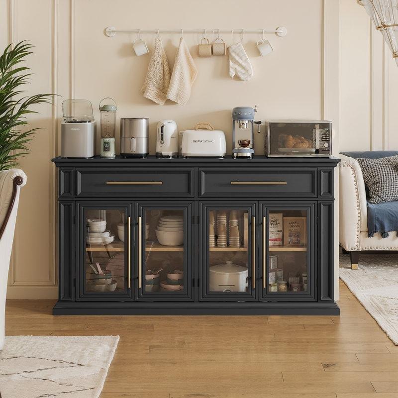 Siyah MDF İki Çekmeceli Dört Kapaklı Ayarlanabilir Raflı Konsol - 161x39x82 cm - 128587