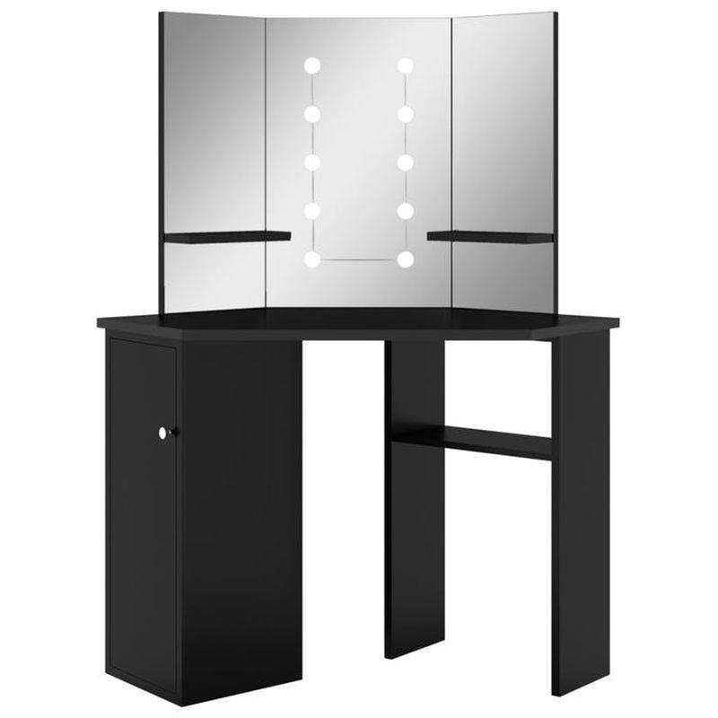 Siyah MDF Köşe Tasarımlı LED Işıklı ve 3 Aynalı Makyaj Masası - 111x54x142 cm - 122134