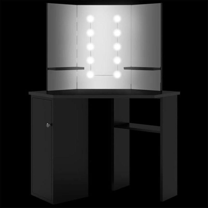 Siyah MDF Köşe Tasarımlı LED Işıklı ve 3 Aynalı Makyaj Masası - 111x54x142 cm - 122134