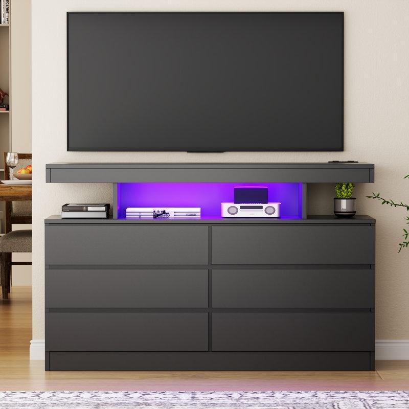 Siyah MDF LED Aydınlatmalı ve Şarj İstasyonlu 6 Çekmeceli Şifonyer - 121x41x83 cm - 122848