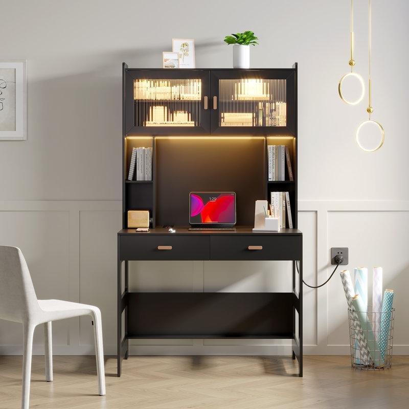 Siyah MDF Ledli Çekmeceli Bilgisayar Masası-173x102x54 cm - 116490
