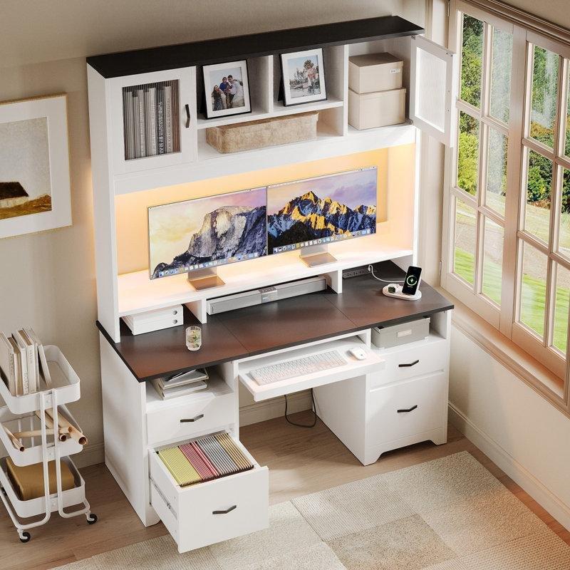 Siyah MDF Ledli Dolaplı Çekmeceli Kitaplıklı Bilgisayar Masası-198x150x55 cm - 116556