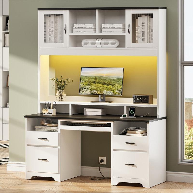Siyah MDF Ledli Dolaplı Çekmeceli Kitaplıklı Bilgisayar Masası-198x150x55 cm - 116556