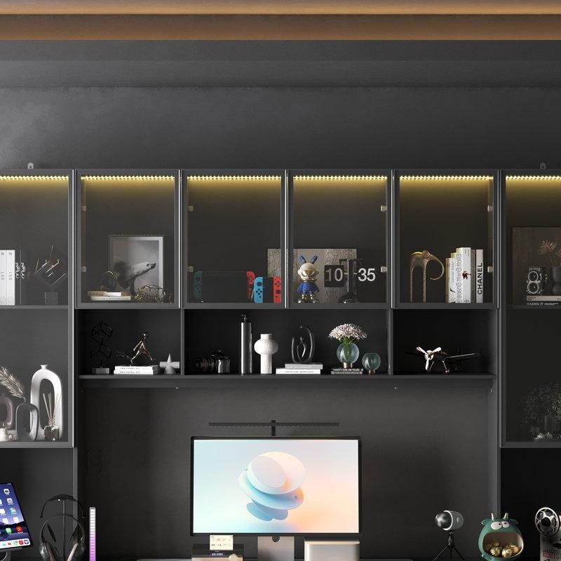 Siyah MDF Ledli Dolaplı Raflı Bilgisayar Masası-231x210x60 cm - 116493