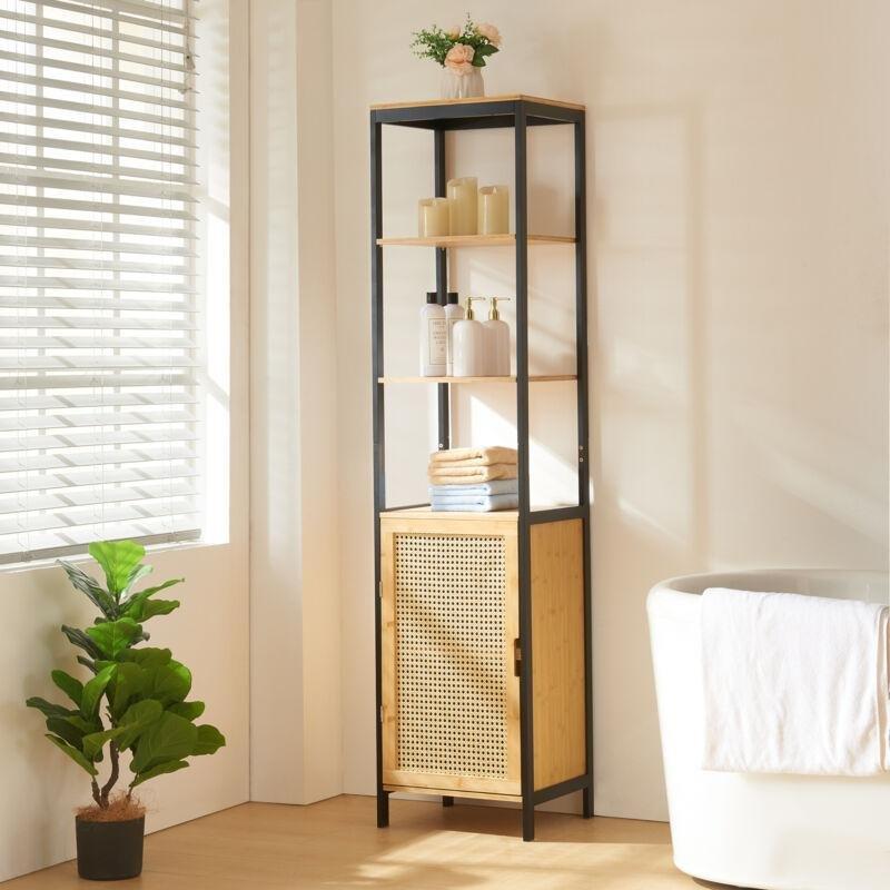 Siyah MDF Raflı Hasır Banyo Dolabı-172x40x35 cm - 114270