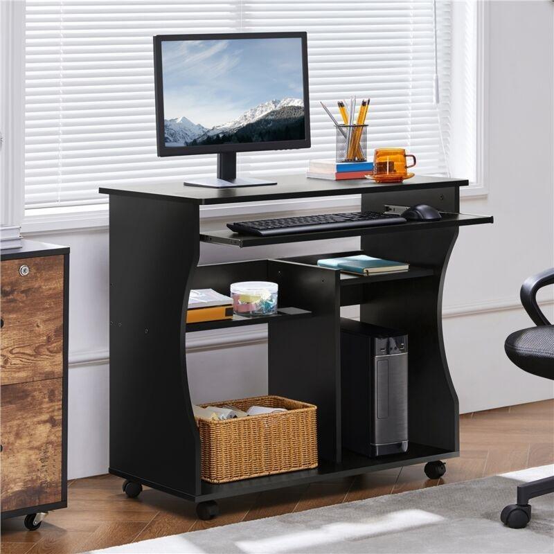 Siyah MDF Tekerlekli Raflı Sürgülü Klavyeli Bilgisayar Masası-81x49x77 cm - 115384