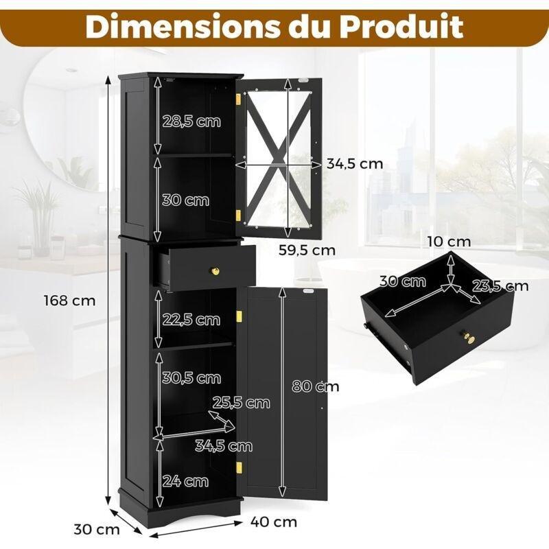 Siyah MDF Temperli Cam Ayarlanabilir Raflı Ayaklı Banyo Dolabı-40x30x169 cm - 113583