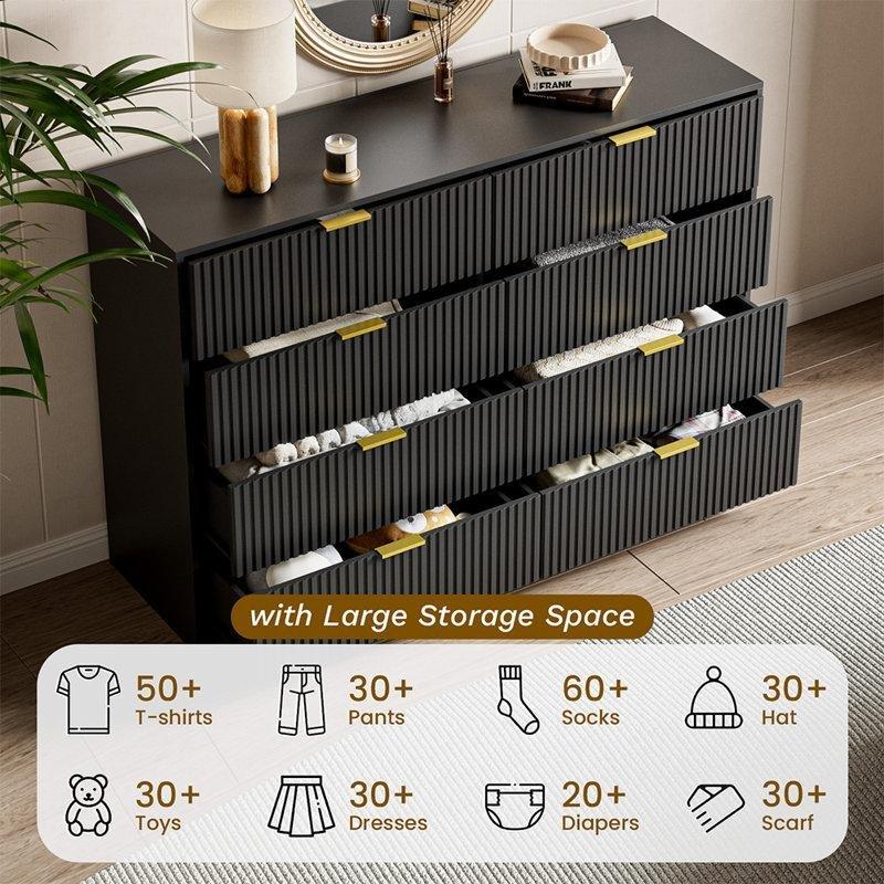 Siyah MDF Yivli Tasarım Gold Kulplu 8 Çekmeceli Şifonyer - 140x40x95 cm - 123082