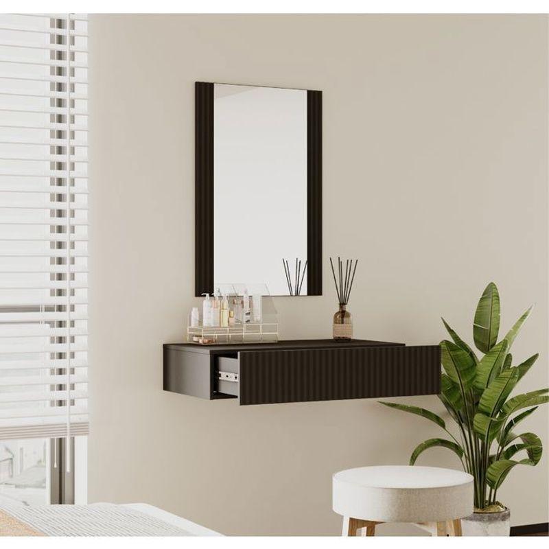 Siyah Melamin ve PVC Oluklu Tasarım Duvara Monte Aynalı Makyaj Masası-80 cm - 122197