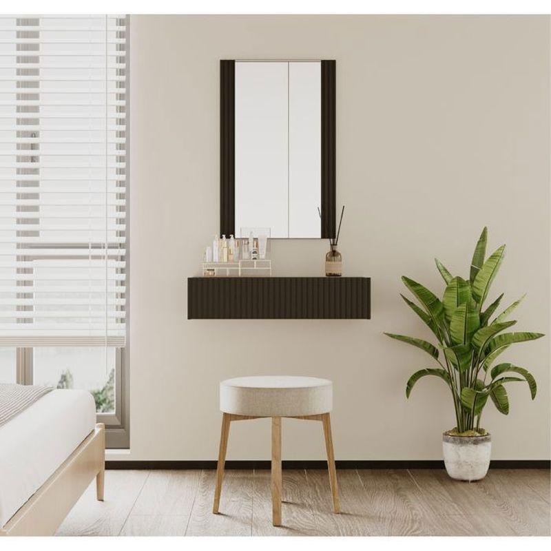 Siyah Melamin ve PVC Oluklu Tasarım Duvara Monte Aynalı Makyaj Masası-80 cm - 122197