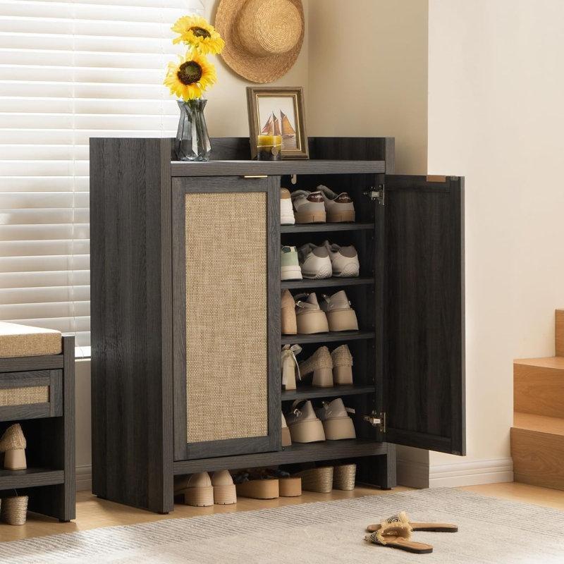 Siyah Meşe Ahşap ve Rattan 2 Kapaklı 6 Raflı Hasır Ayakkabılık - 105x83x38 cm - 120943