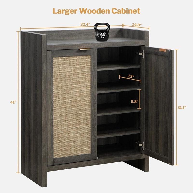 Siyah Meşe Ahşap ve Rattan 2 Kapaklı 6 Raflı Hasır Ayakkabılık - 105x83x38 cm - 120943