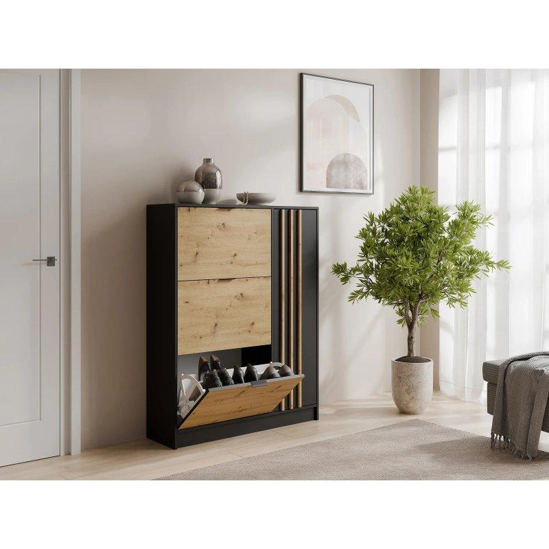 Siyah Meşe Endüstriyel Ahşap 3 Düşer Kapaklı Ve Dolaplı Ayakkabılık - 102x30x130 cm - 118801